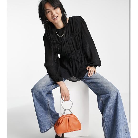 Mango MNG Black Balloon Sleeve Semi Sheer Top - Picture 1 of 8